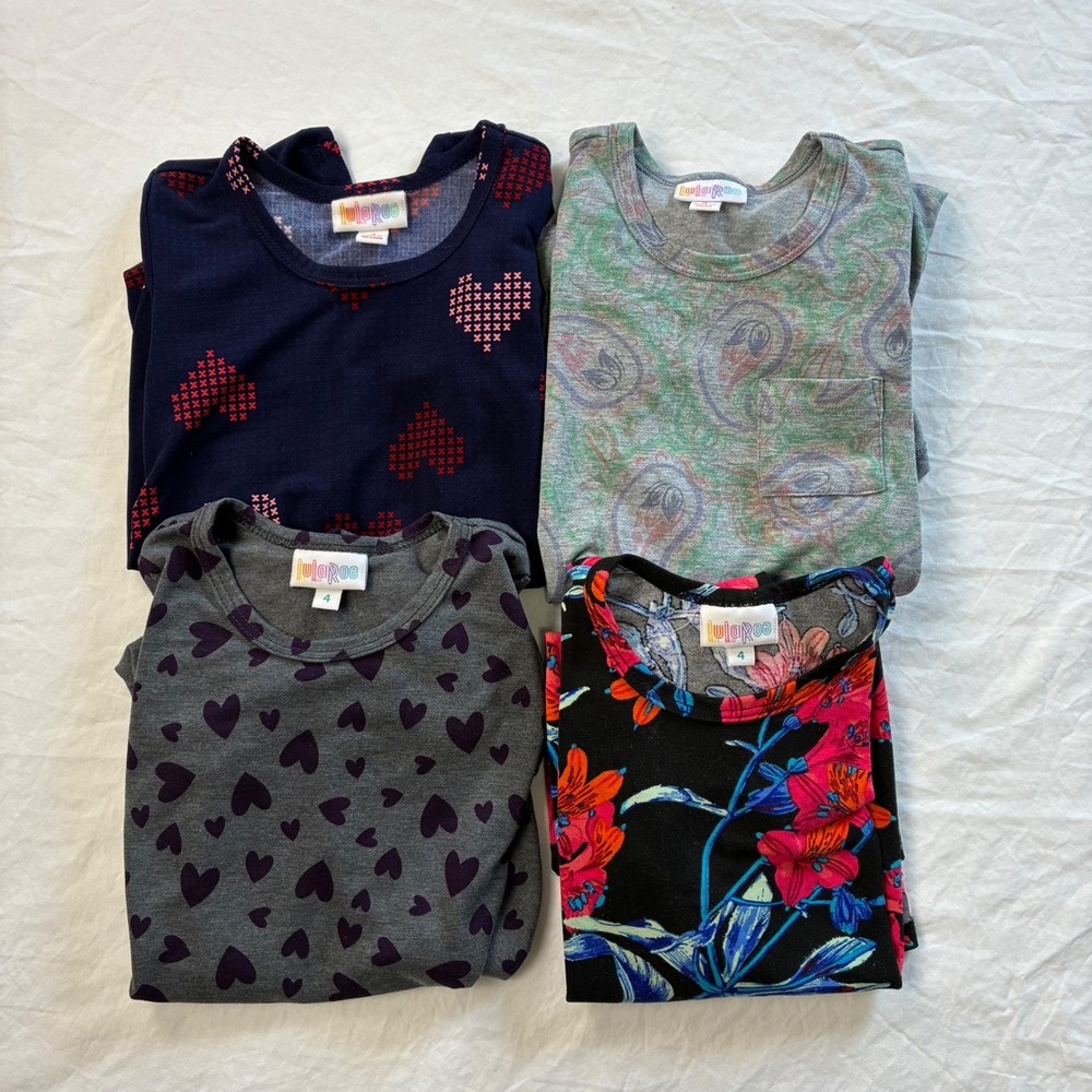 LuLaRoe Girls Size 4 Carly Dress Tunic Bundle Floral Hearts Paisley Lot of 4